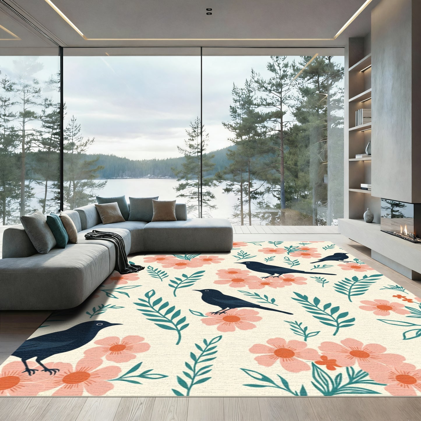 Delicate Black Birds Coral Flowers Rug