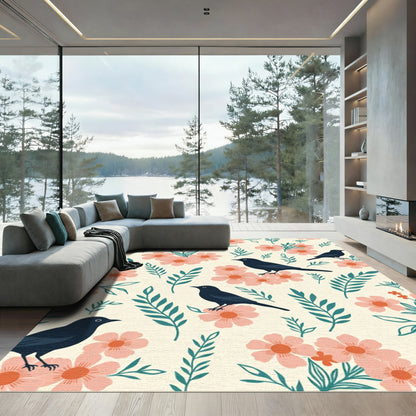 Delicate Black Birds Coral Flowers Rug