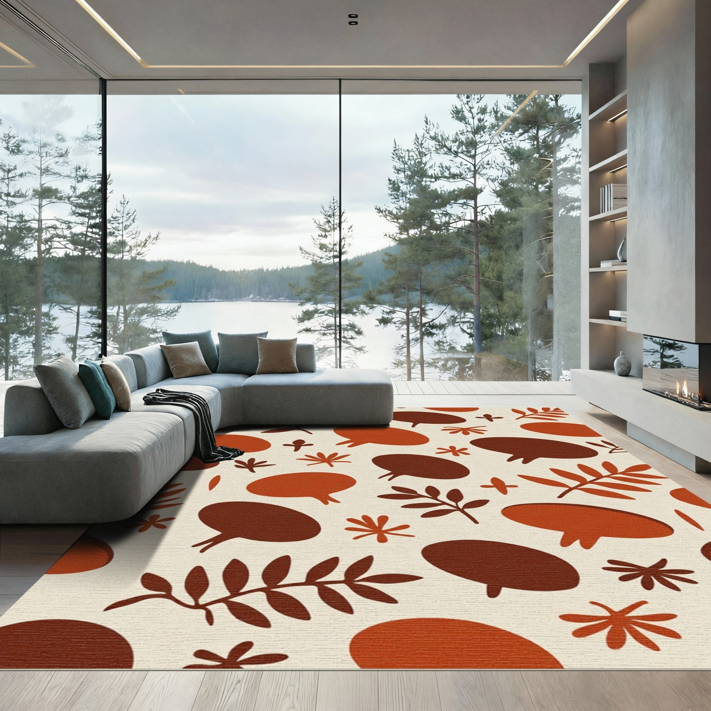 Earthy Autumnal Leaf and Seed Motif Rug