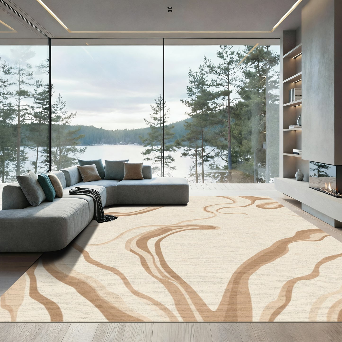 Earthy Beige Swirl Abstract Rug