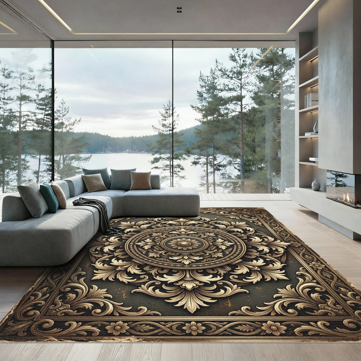 Ornate Gold Floral Medallion Frame Rug