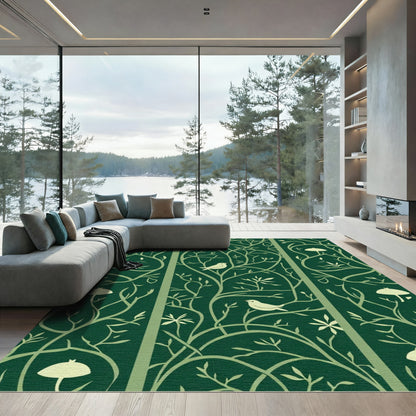 Earthy Green Bird Mushroom Botanical Scroll Rug