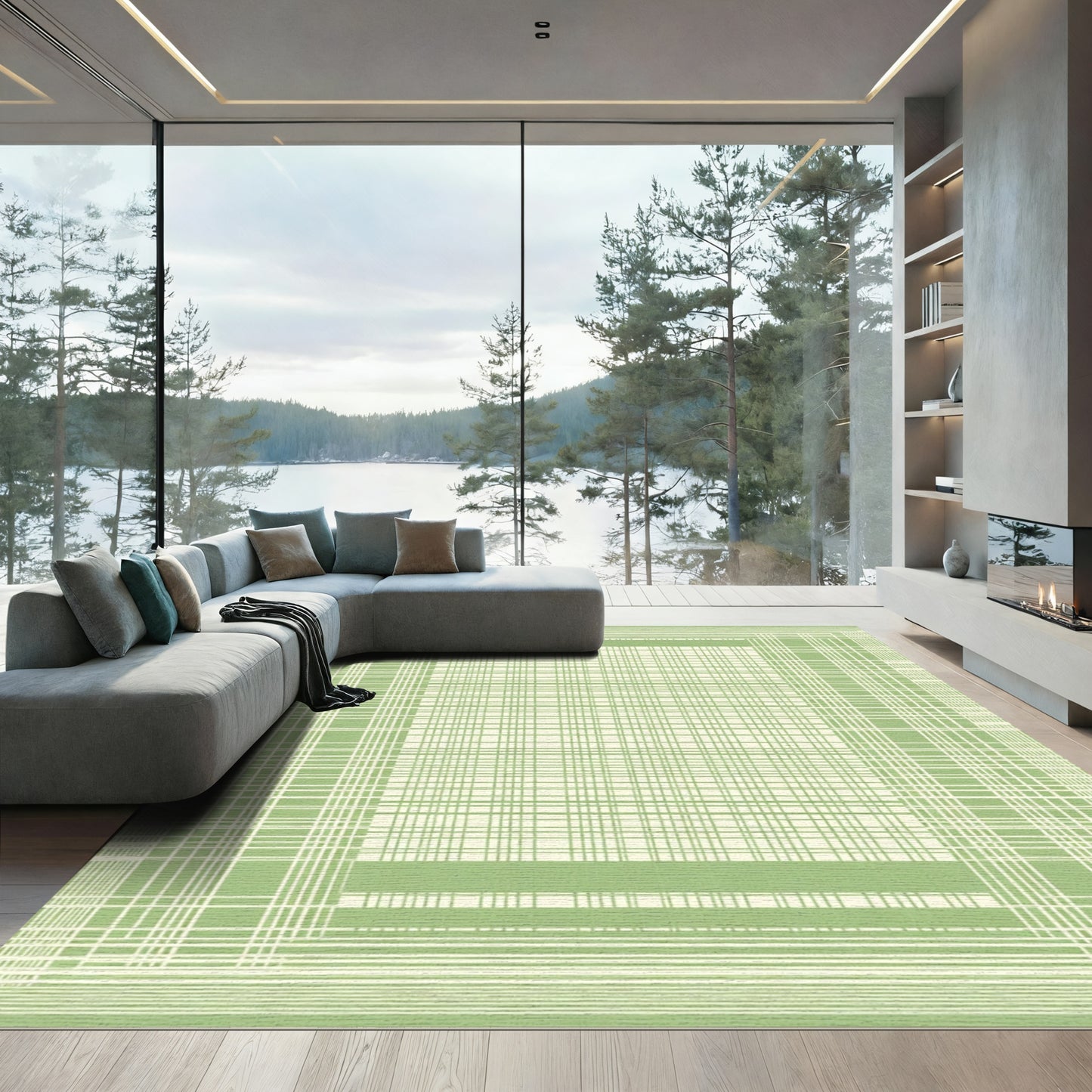 Pale Green Plaid Grid Statement Rug
