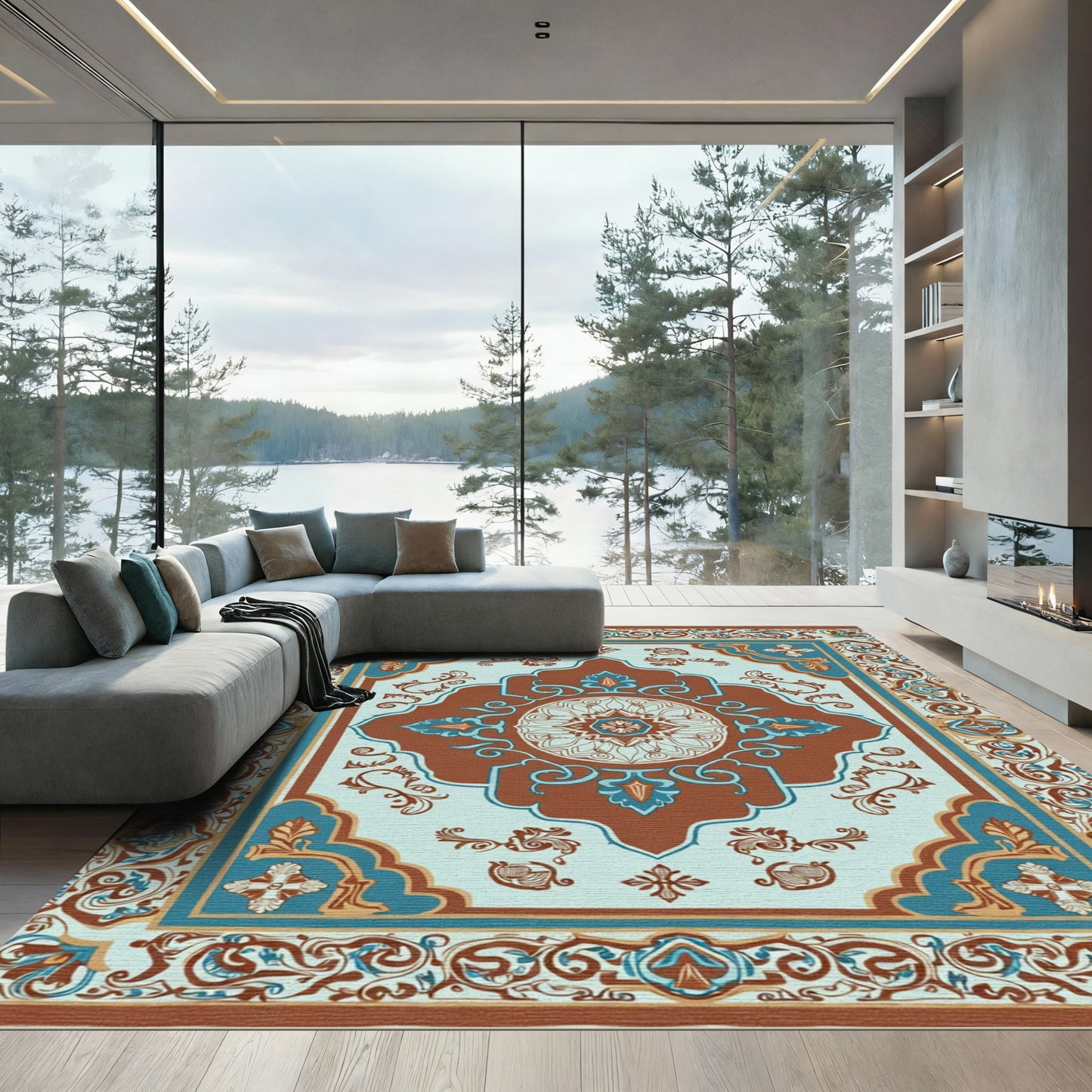 Terracotta Teal Medallion Scroll Border Rug