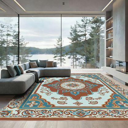 Terracotta Teal Medallion Scroll Border Rug