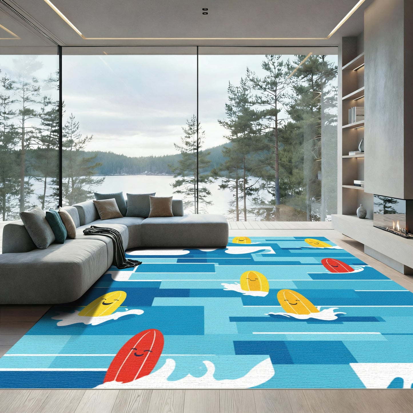 Happy Surfing Buddies Blue Waves Rug