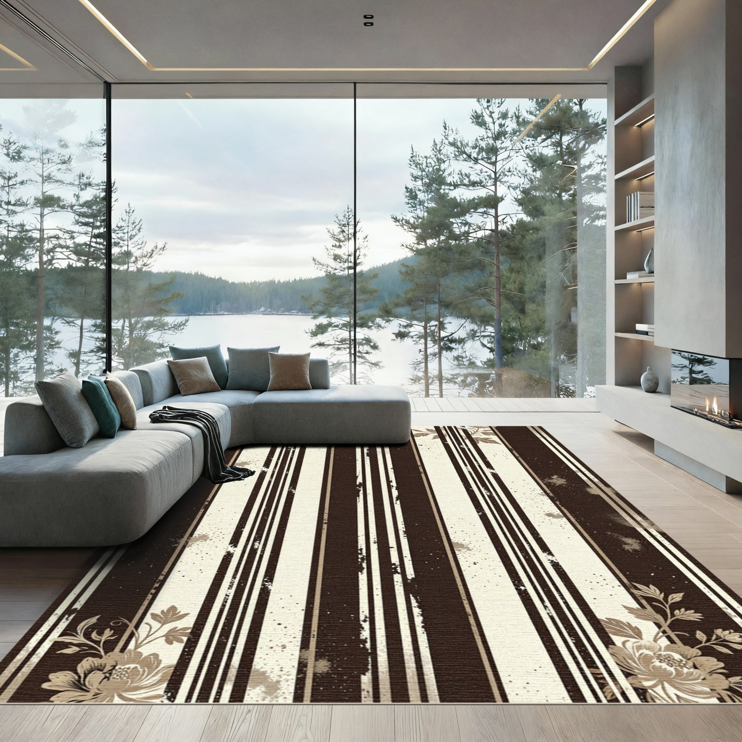 Dark Beige Floral Stripe Vintage Rug