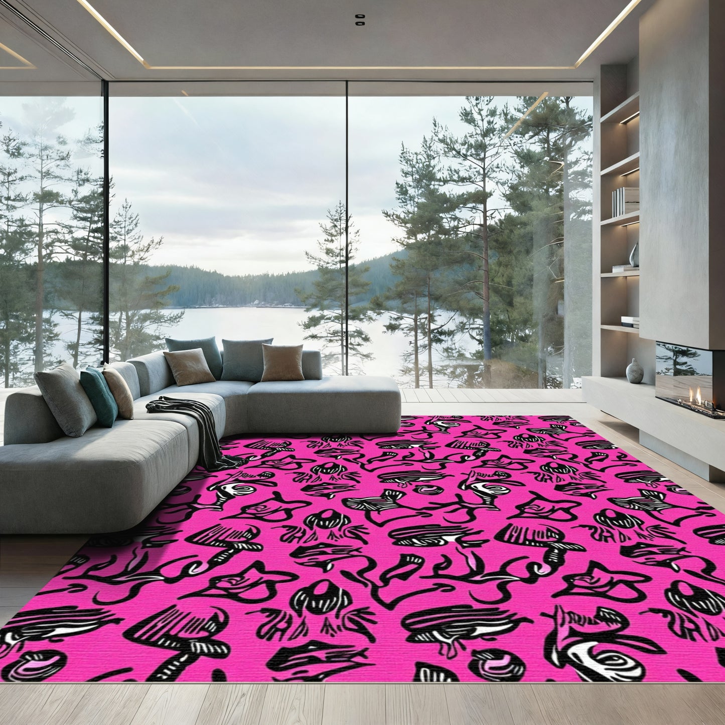 Vivid Pink Abstract Line Art Rug