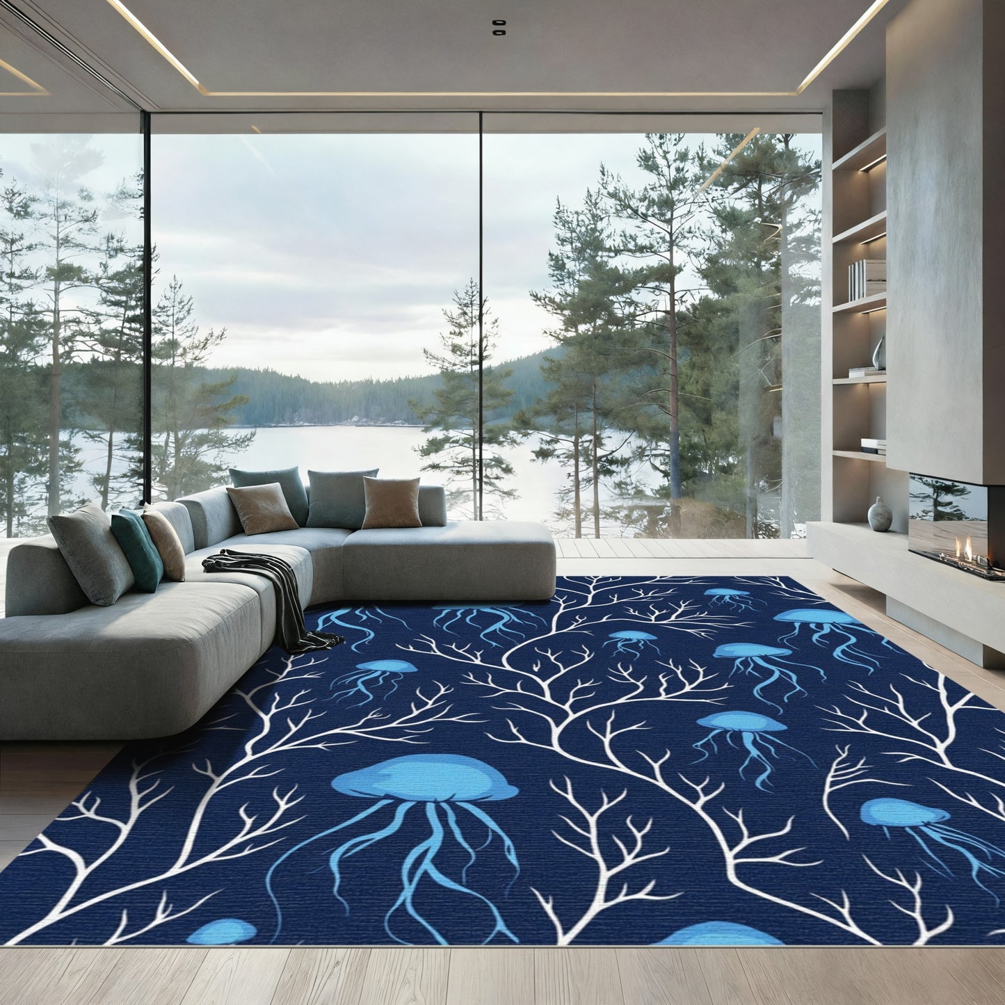 Oceanic Blue Jellyfish Coral Reef Rug