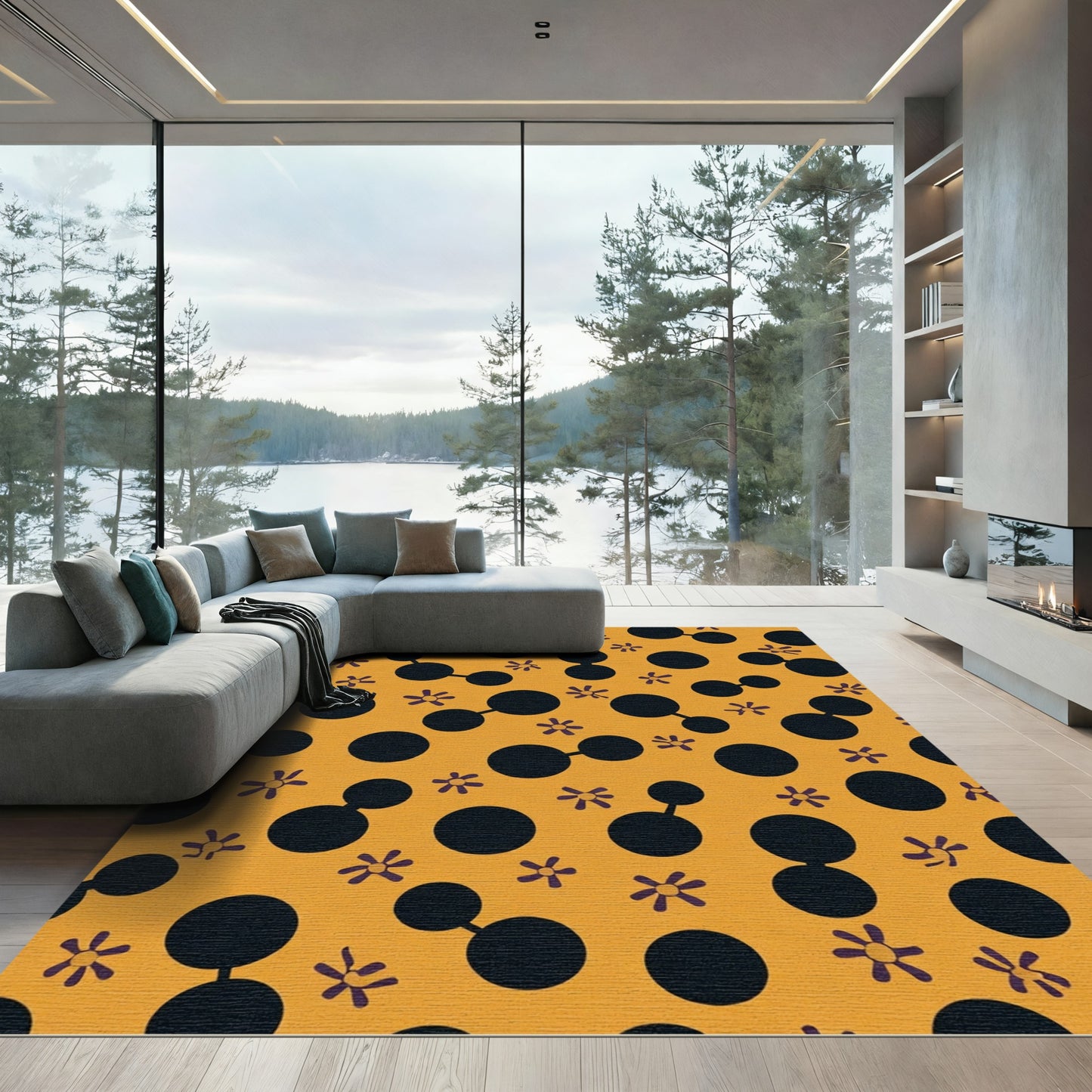 Orange Black Polka Dot Flower Area Rug