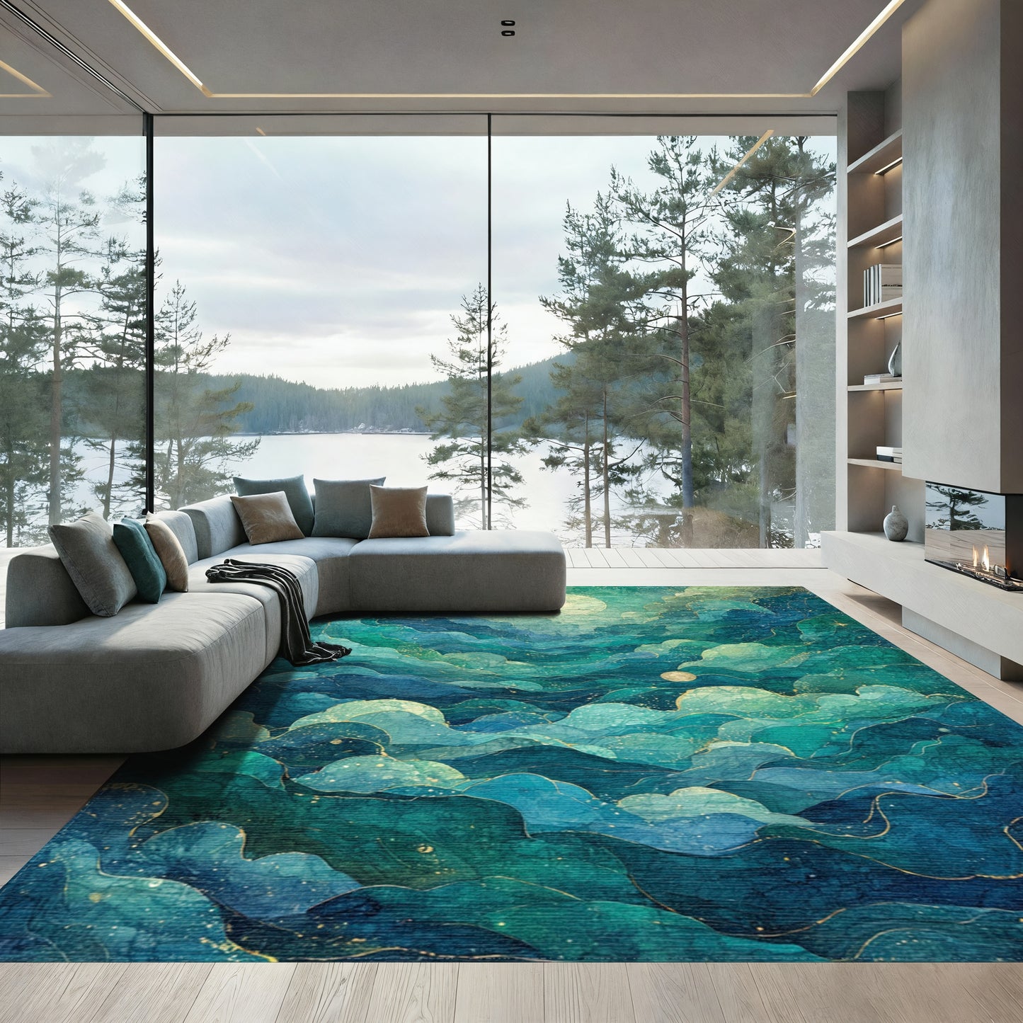 Teal Layered Clouds Moon Sparkle Rug