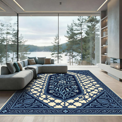 Deep Blue Floral Lattice Garden Rug