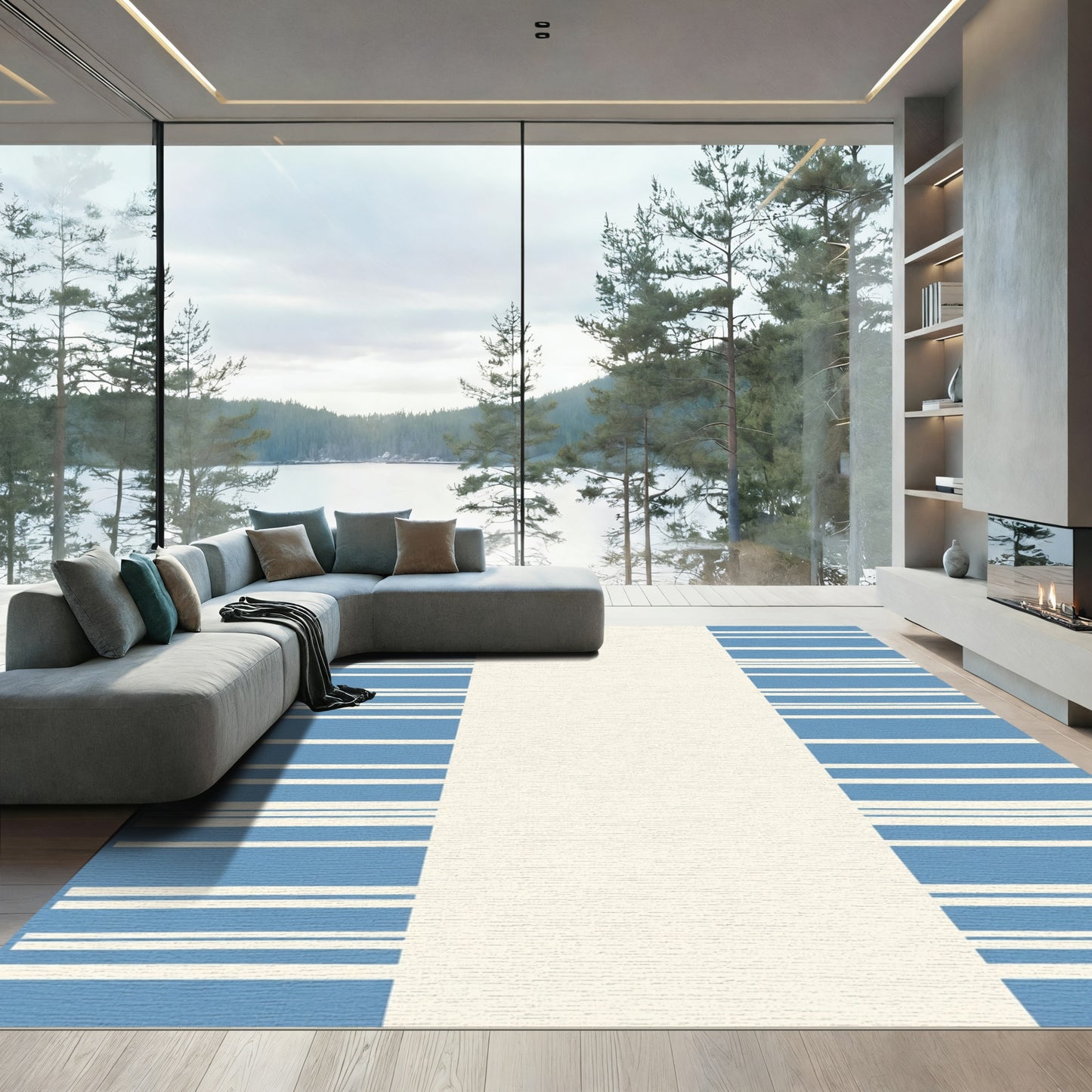 Coastal Blue White Striped Border Rug