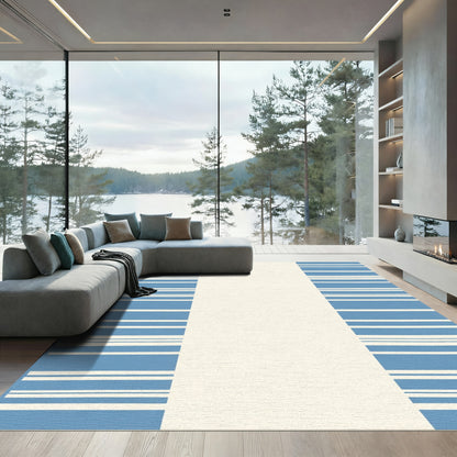 Coastal Blue White Striped Border Rug