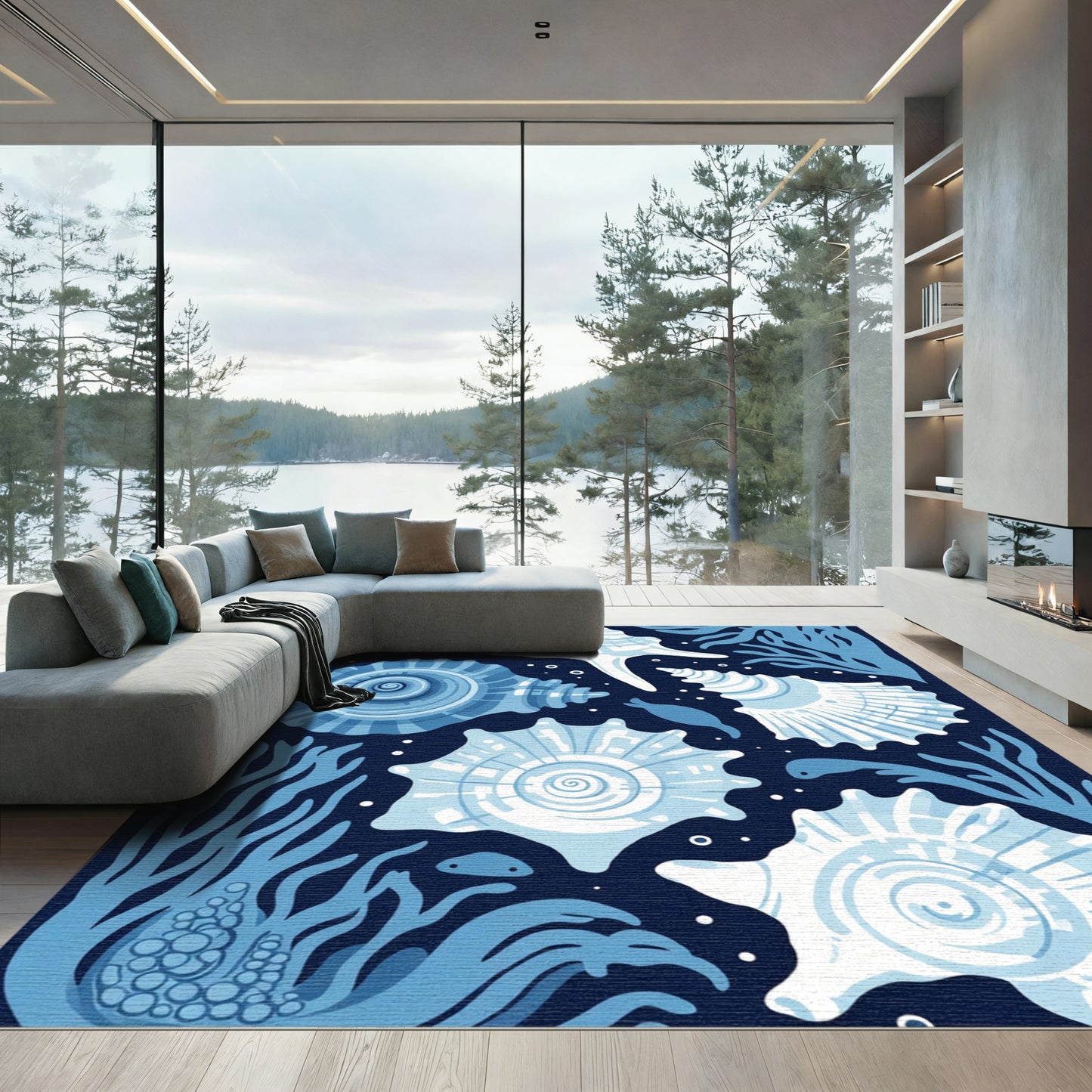 Deep Blue Ocean Shell Marine Collection Rug