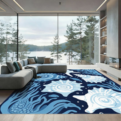 Deep Blue Ocean Shell Marine Collection Rug