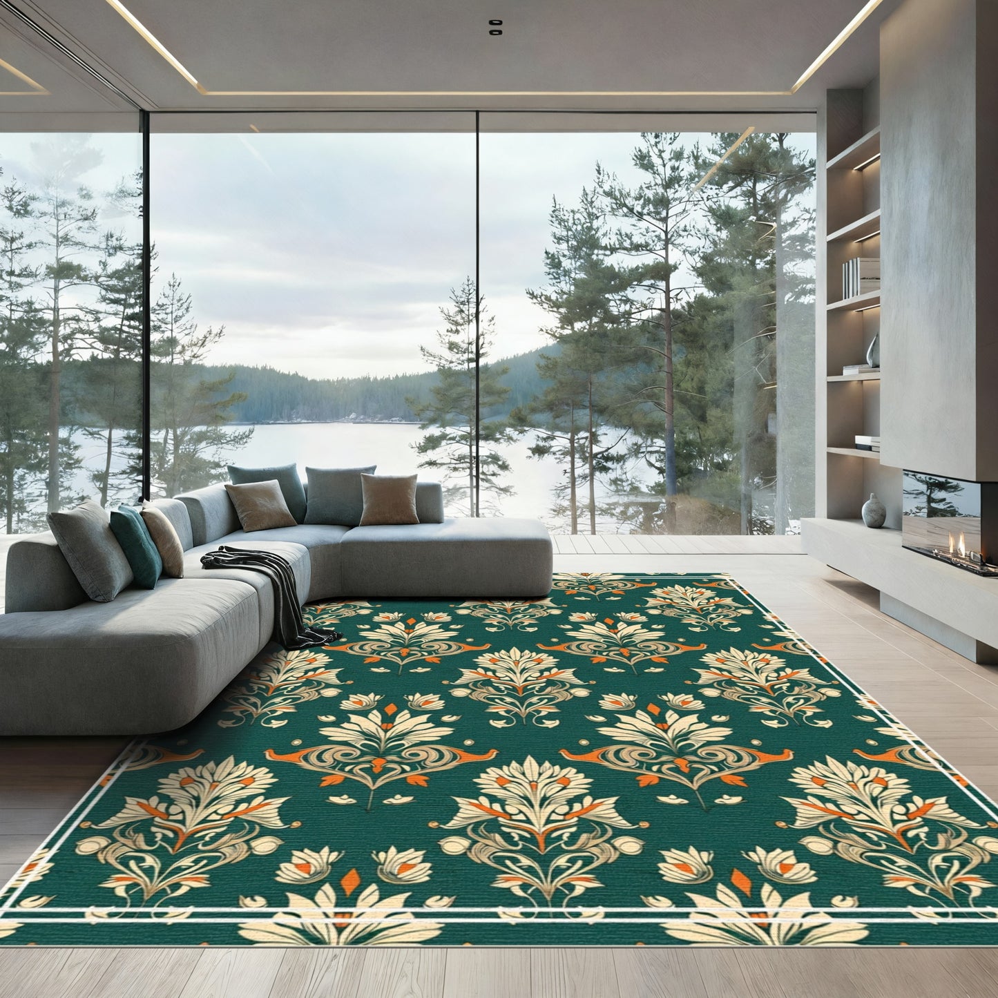 Dark Green Floral Damask Scrollwork Rug