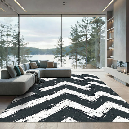 Distressed Charcoal White Chevron Rug