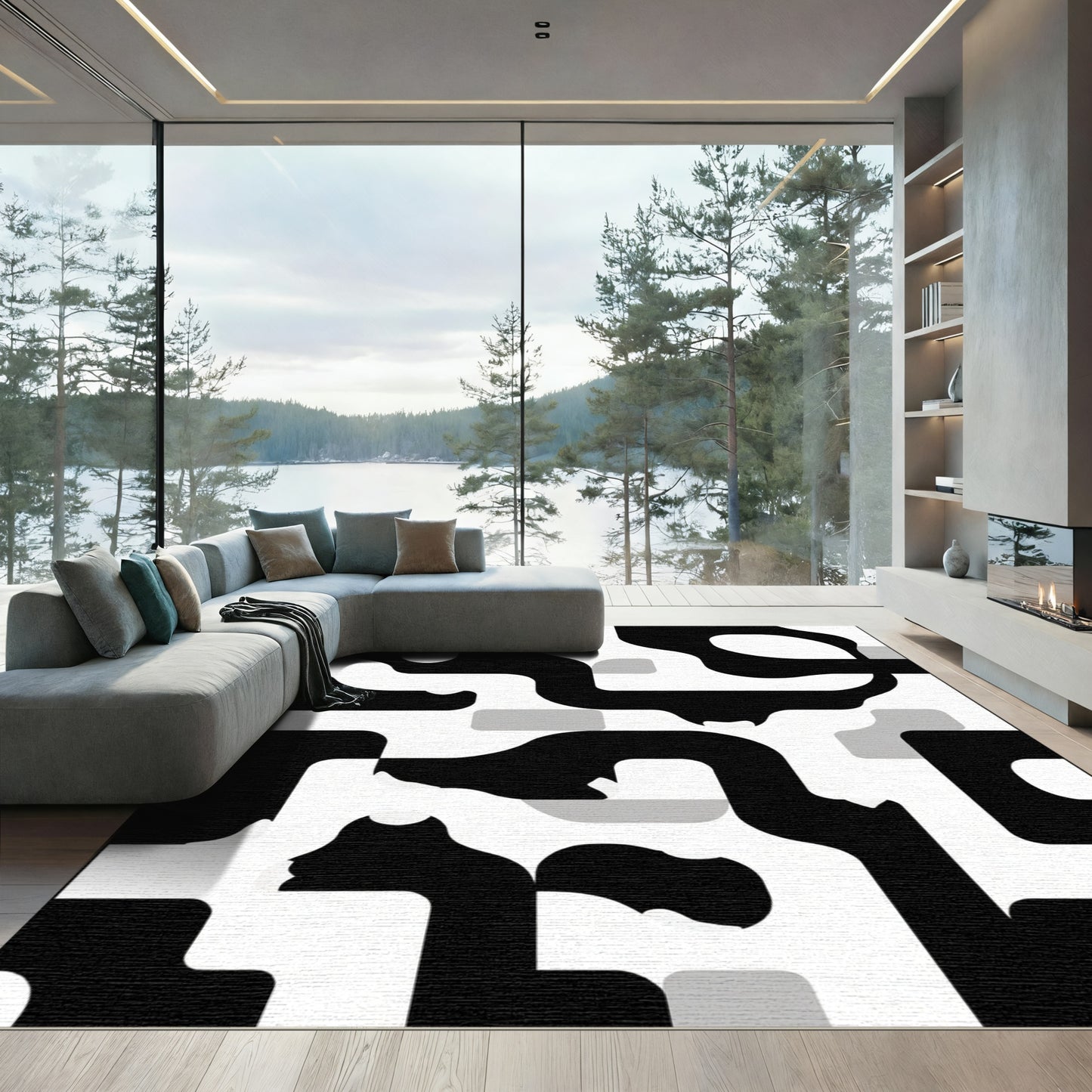 Abstract Black White Organic Flow Rug