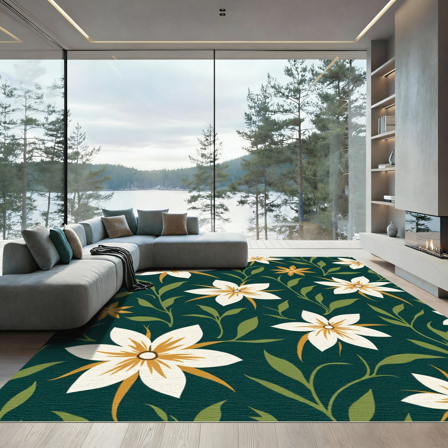 Dark Teal White Floral Botanical Branches Rug