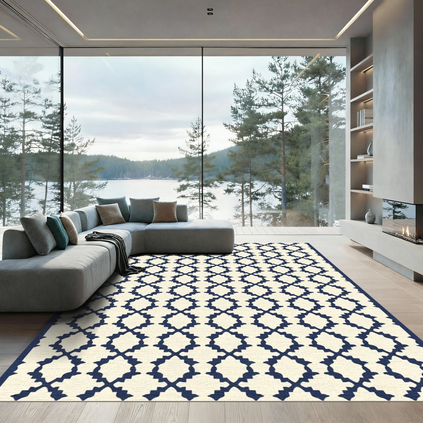 Cream Navy Arabesque Lattice Rug