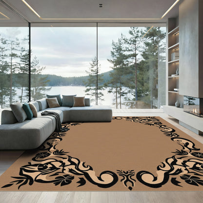 Dark Brown Floral Scrollwork Frame Rug