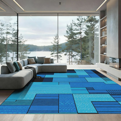 Modern Blue Geometric Rectangular Abstract Rug