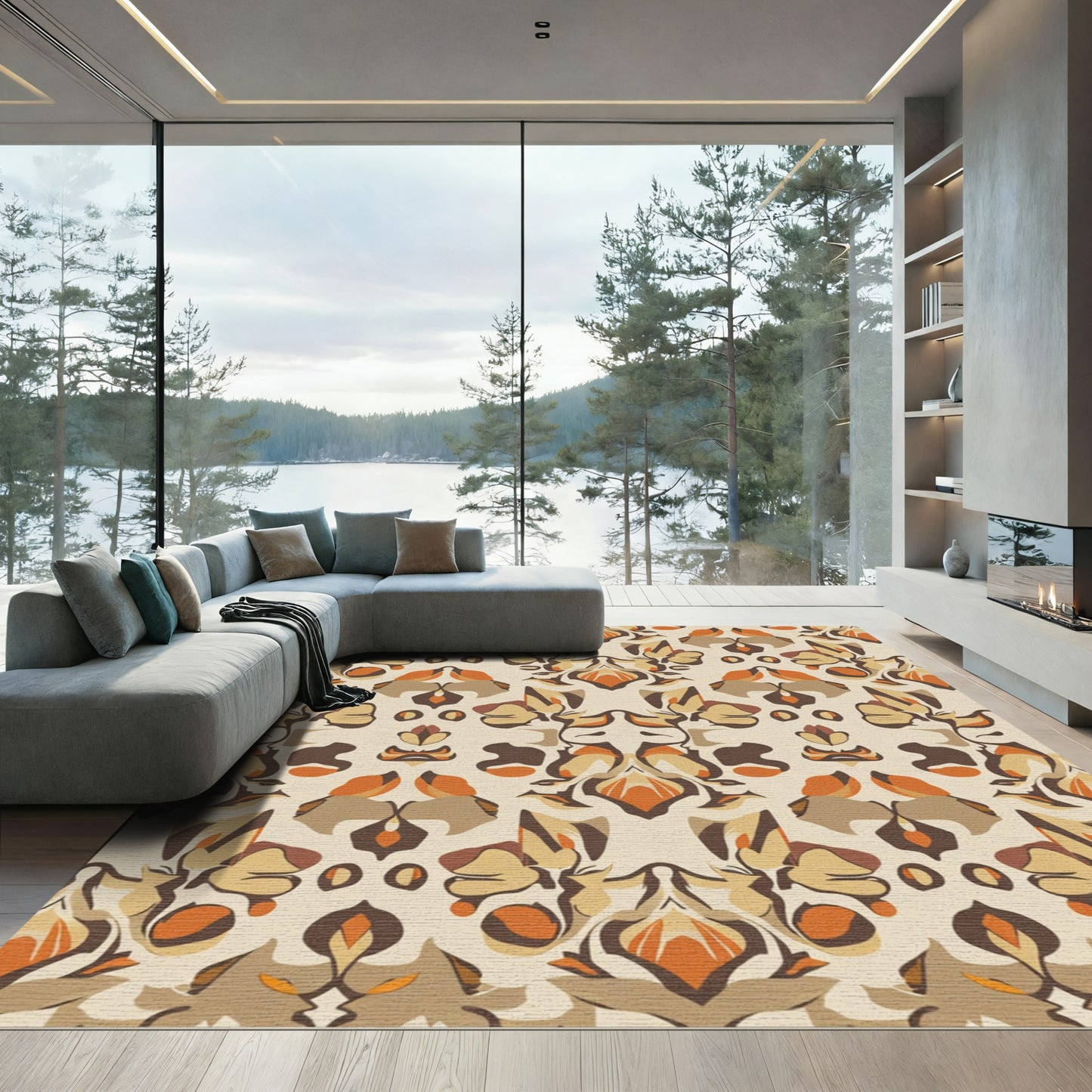 Autumnal Orange Floral Palmette Rug