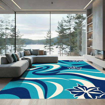 Vibrant Blue White Floral Wave Rug