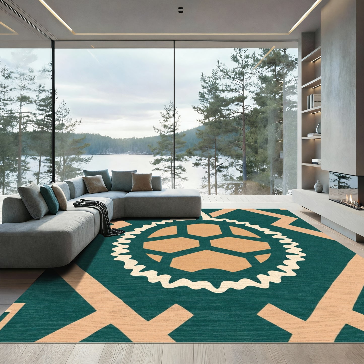 Teal Peach Geometric Sunburst Rug
