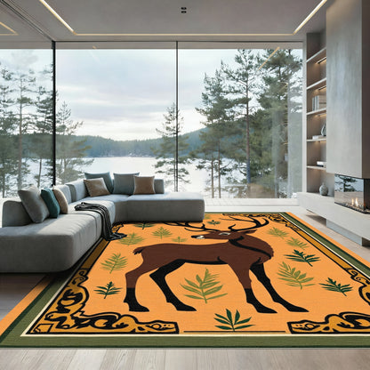 Rustic Antlered Deer Forest Scene Rug
