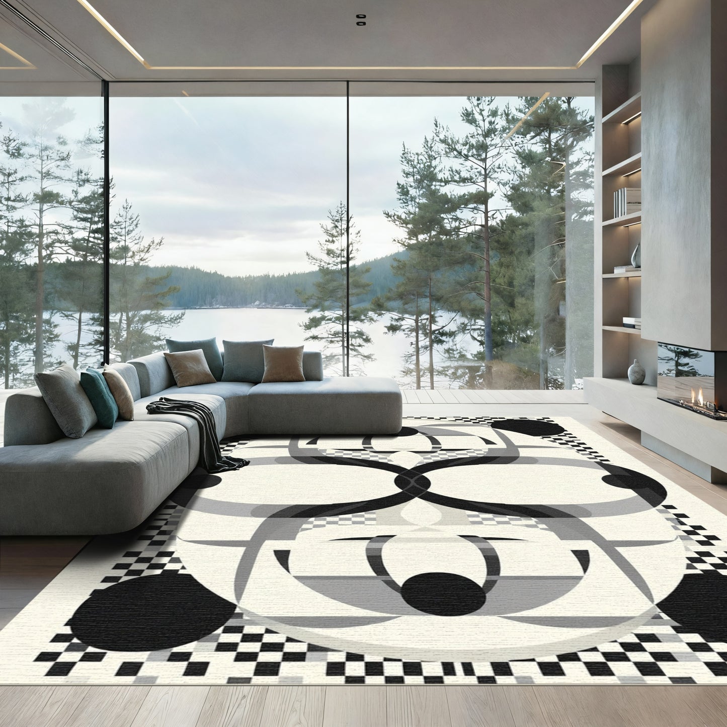 Mono Black Geometric Op Art Rug