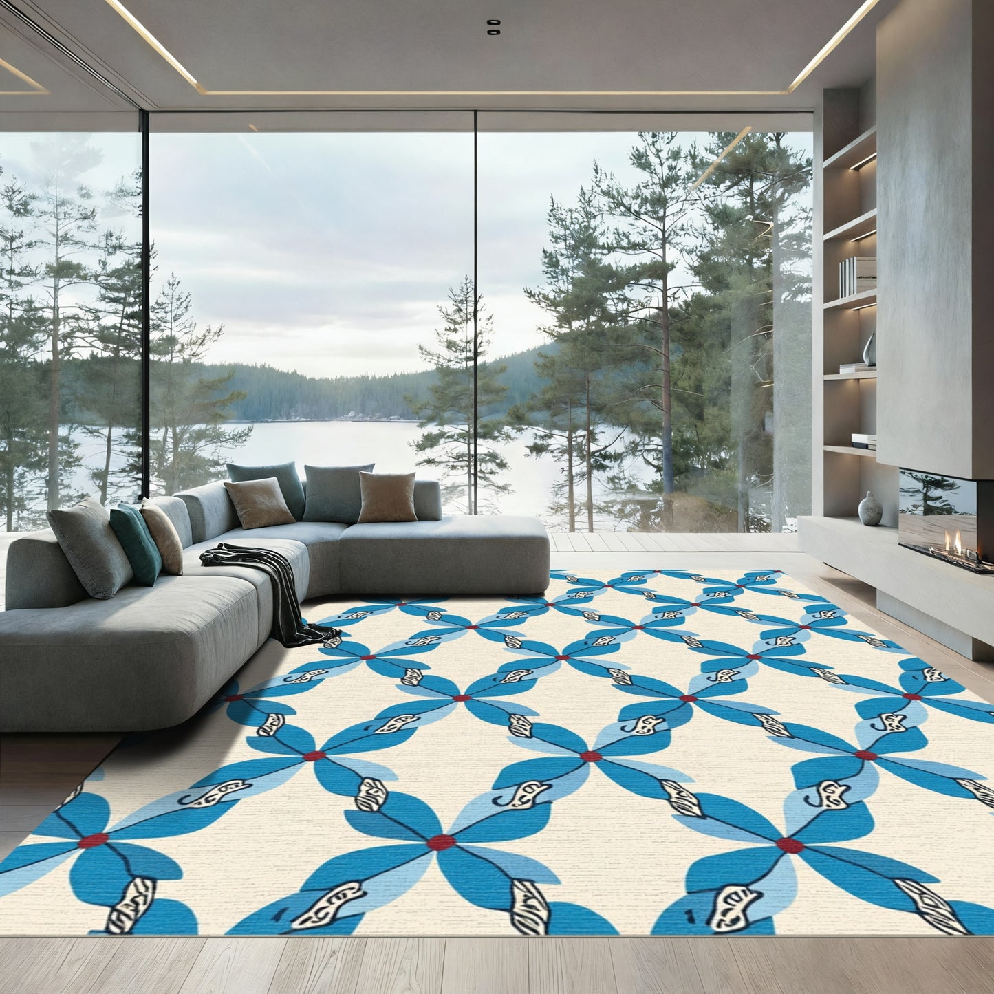 Blue Red Petal Geometric Overlay Rug