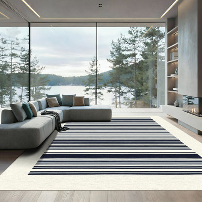 Navy Blue Gray White Striped Horizontal Rug