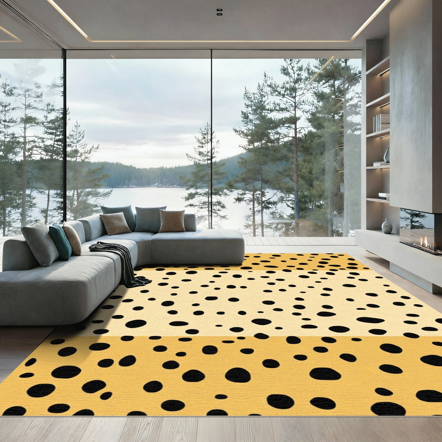 Yellow Black Polka Dot Stripe Rug