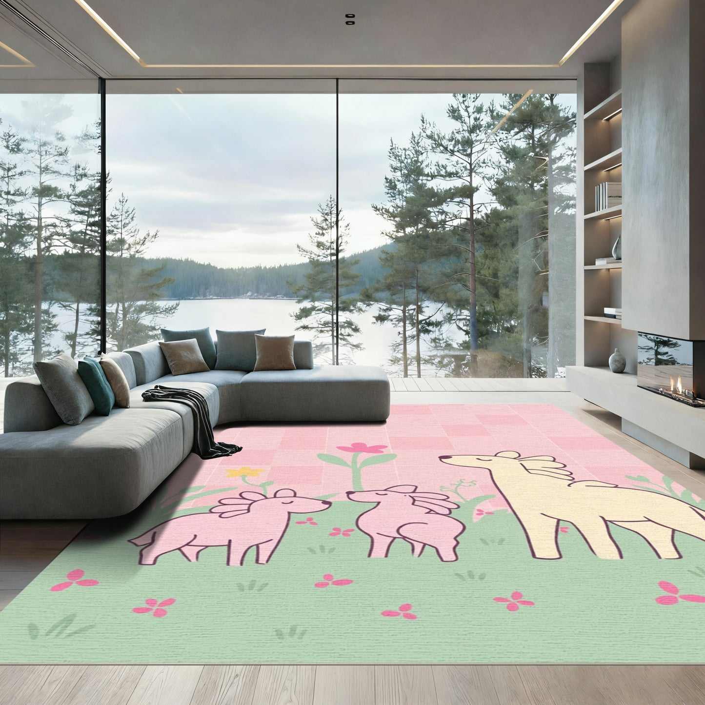Pink Dog Family Garden Scene Rug
