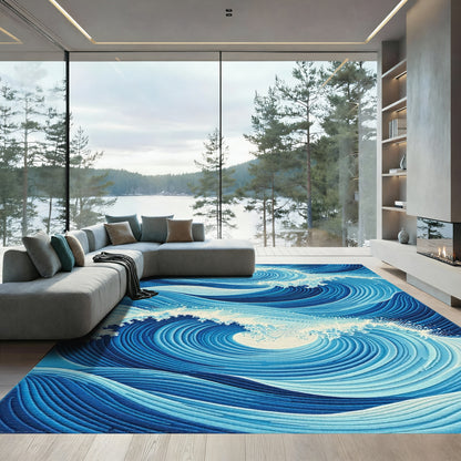 Navy White Crashing Waves Rug