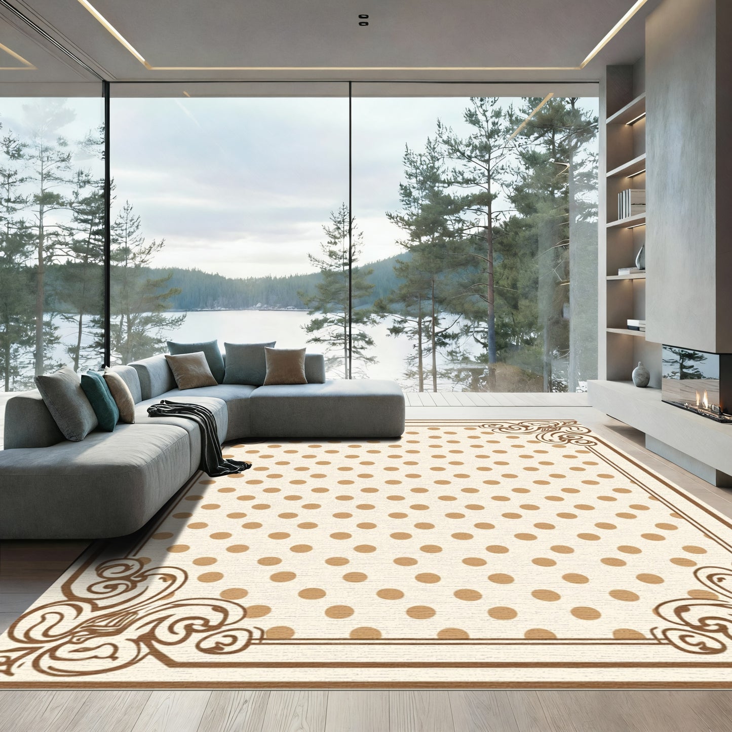 Cream Brown Polka Dot Scrollwork Frame Rug