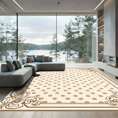 Cream Brown Polka Dot Scrollwork Frame Rug