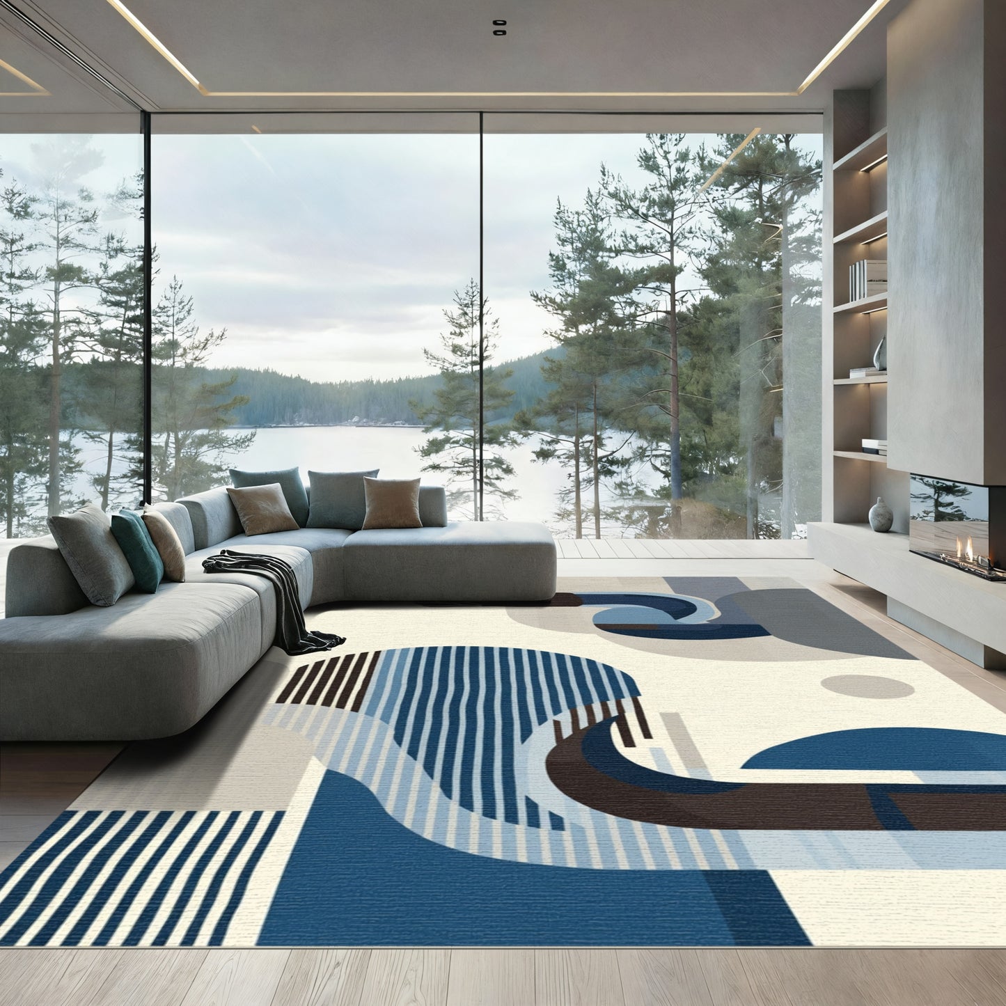 Mid Blue Abstract Serpent Circles Rug