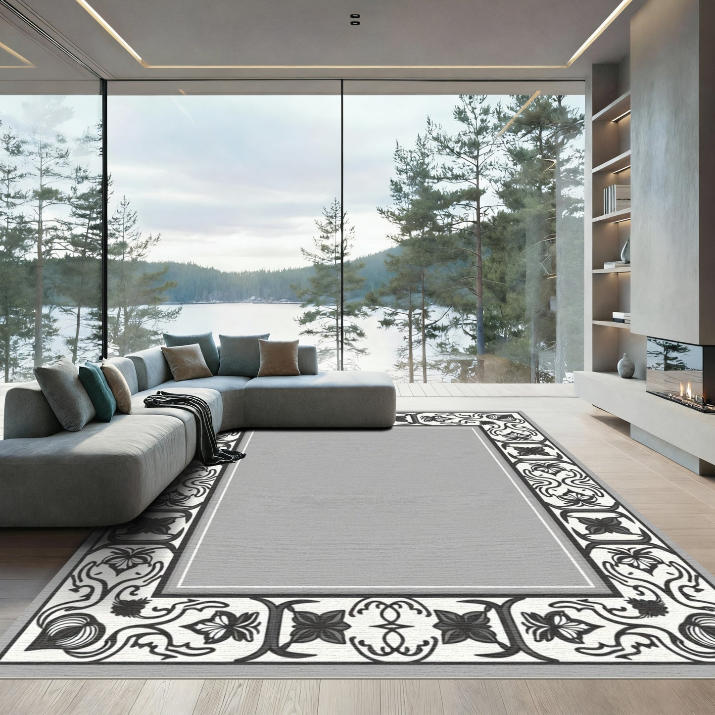 Monochromatic Black White Floral Border Rug