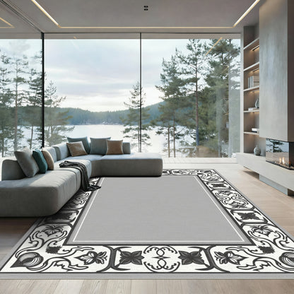 Monochromatic Black White Floral Border Rug