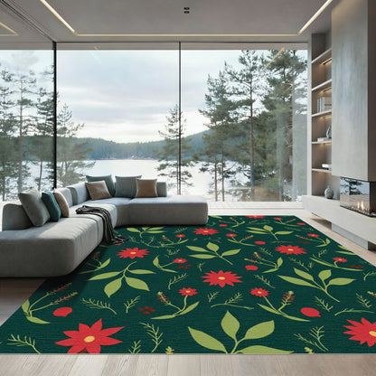 Crimson Red Floral Green Leaf Pattern Rug