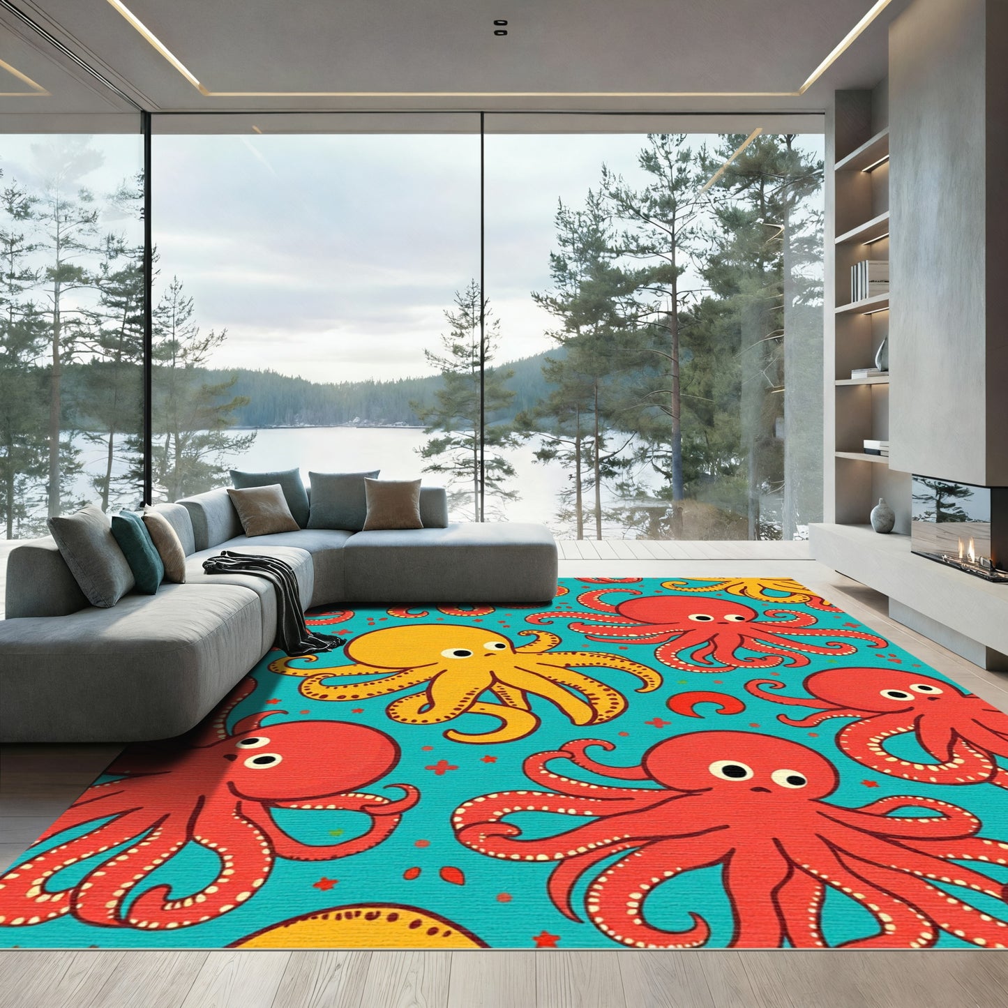Red Yellow Octopus Aquatic Creatures Rug
