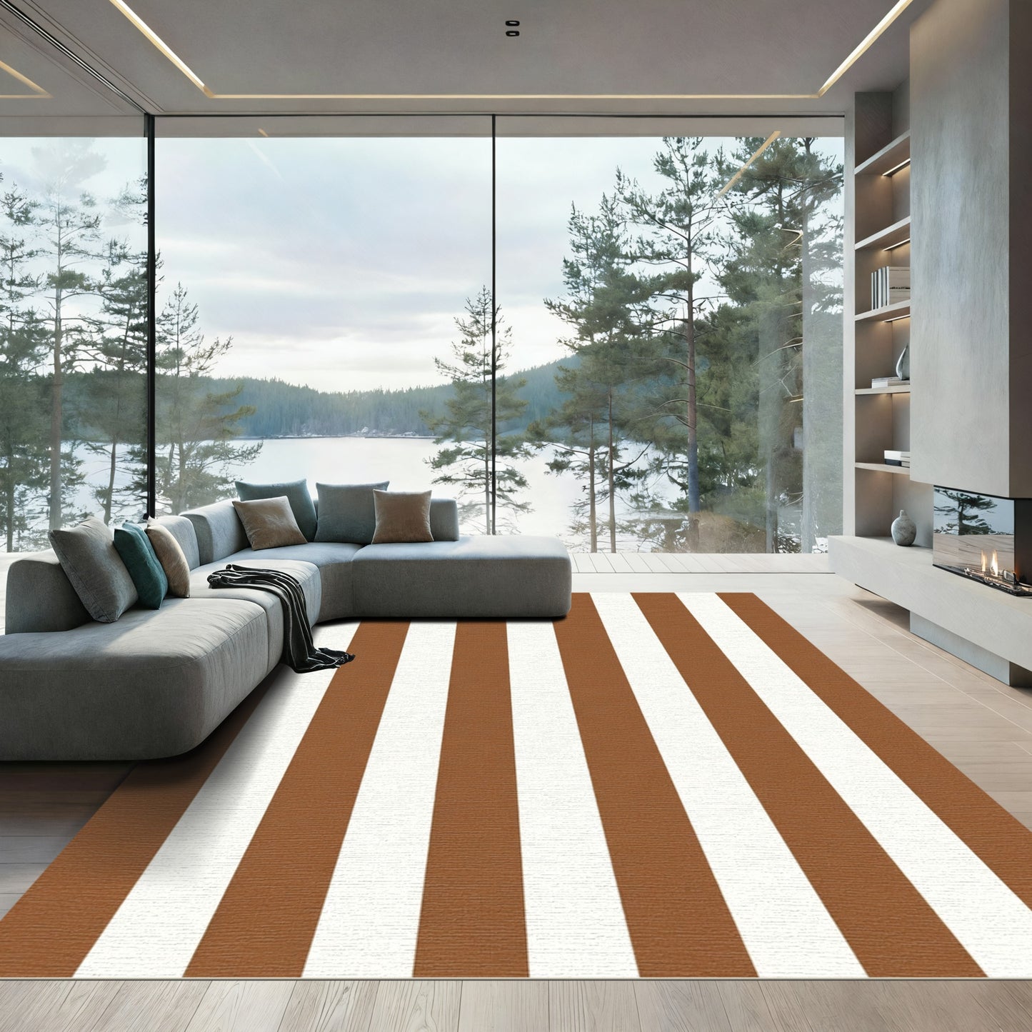 Classic Brown White Vertical Stripes Rug