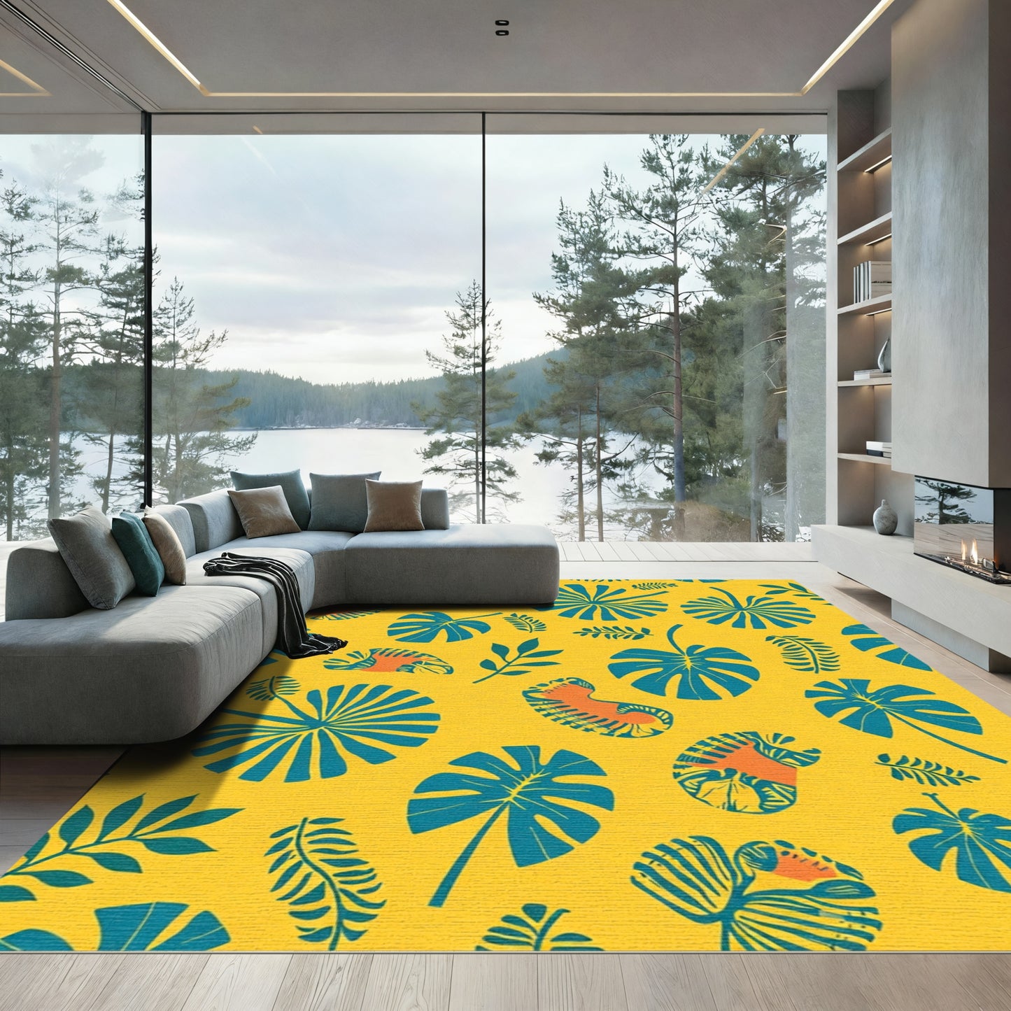 Bright Yellow Tropical Leaf Collage Rug