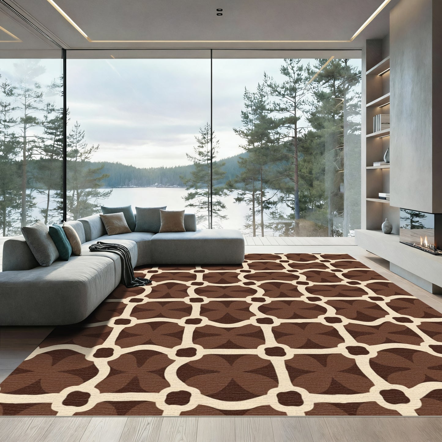 Modern Brown Abstract Lattice Rug