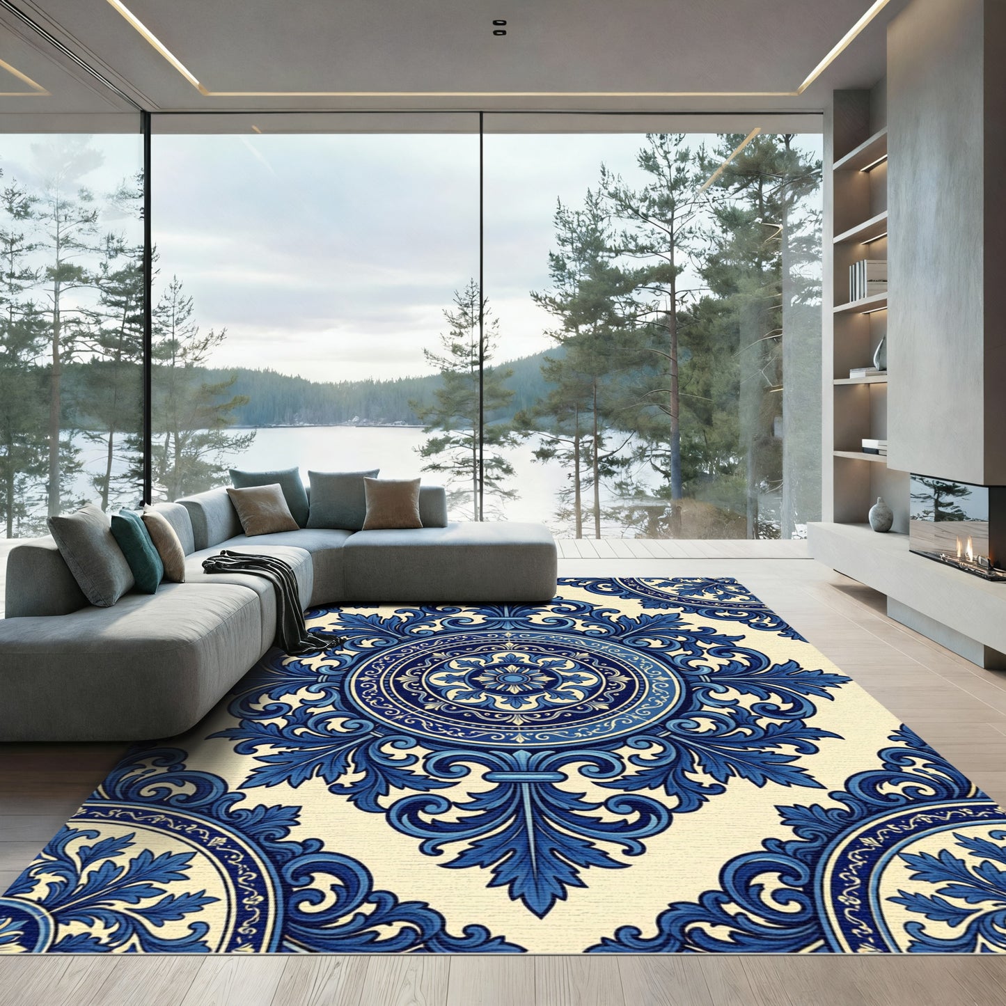 Elegant Blue Scroll Medallion Rug