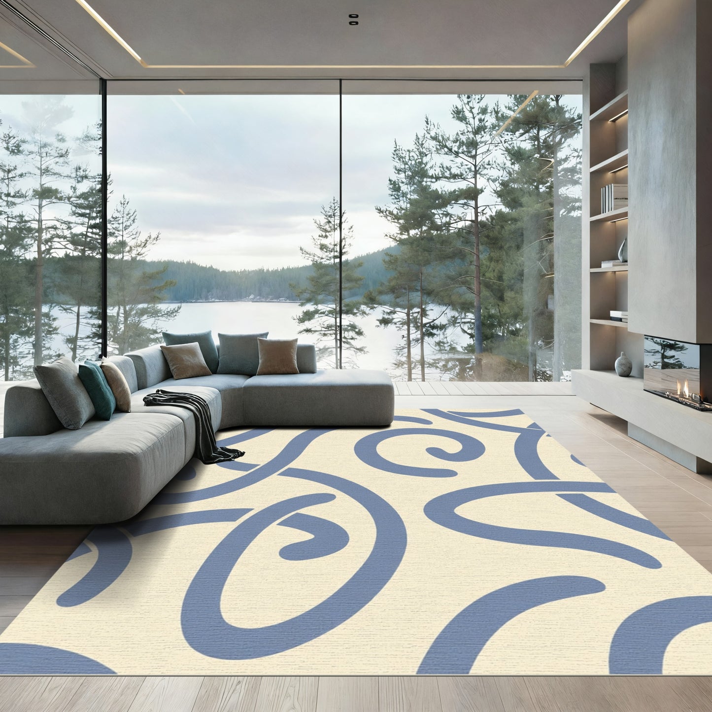Soft Blue Swirl Serpentine Abstract Rug