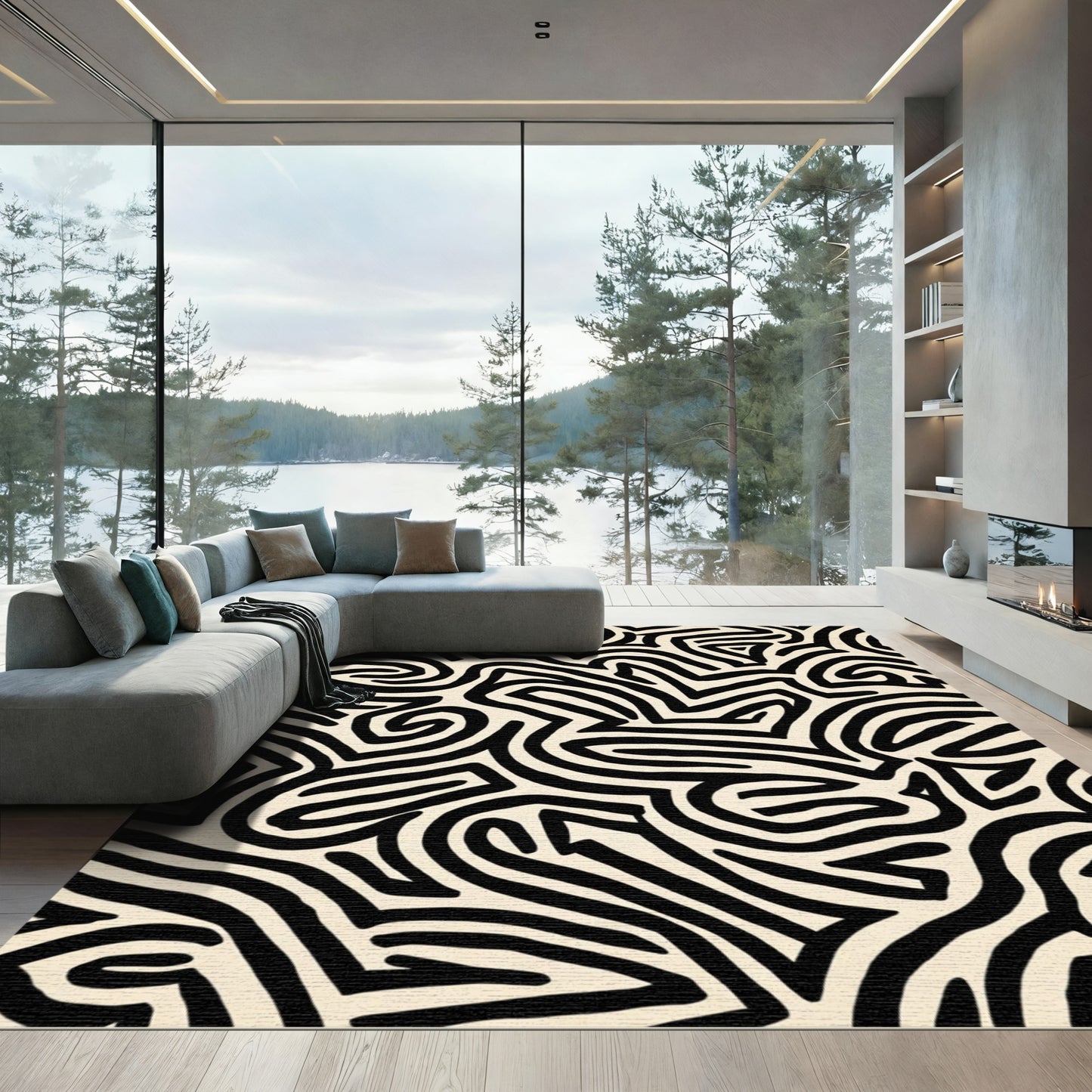 Black Cream Stylized Abstract Maze Rug